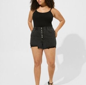 Torrid Size 16 Black Denim Destroyed Shorts Button Fly High Waist 3.5 inseam
